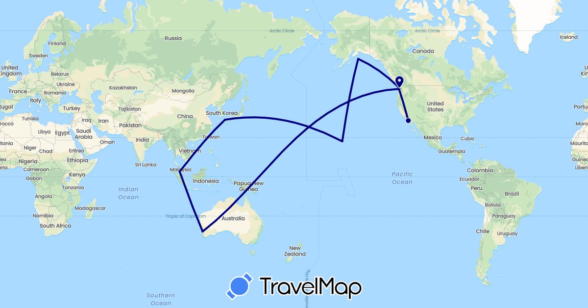TravelMap itinerary: driving in Australia, Canada, Japan, Malaysia, United States (Asia, North America, Oceania)